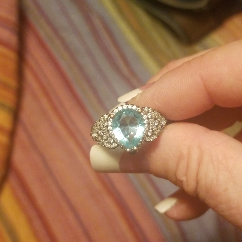 Blue Topaz and Cubic Zirconia Silver Ring Size 9